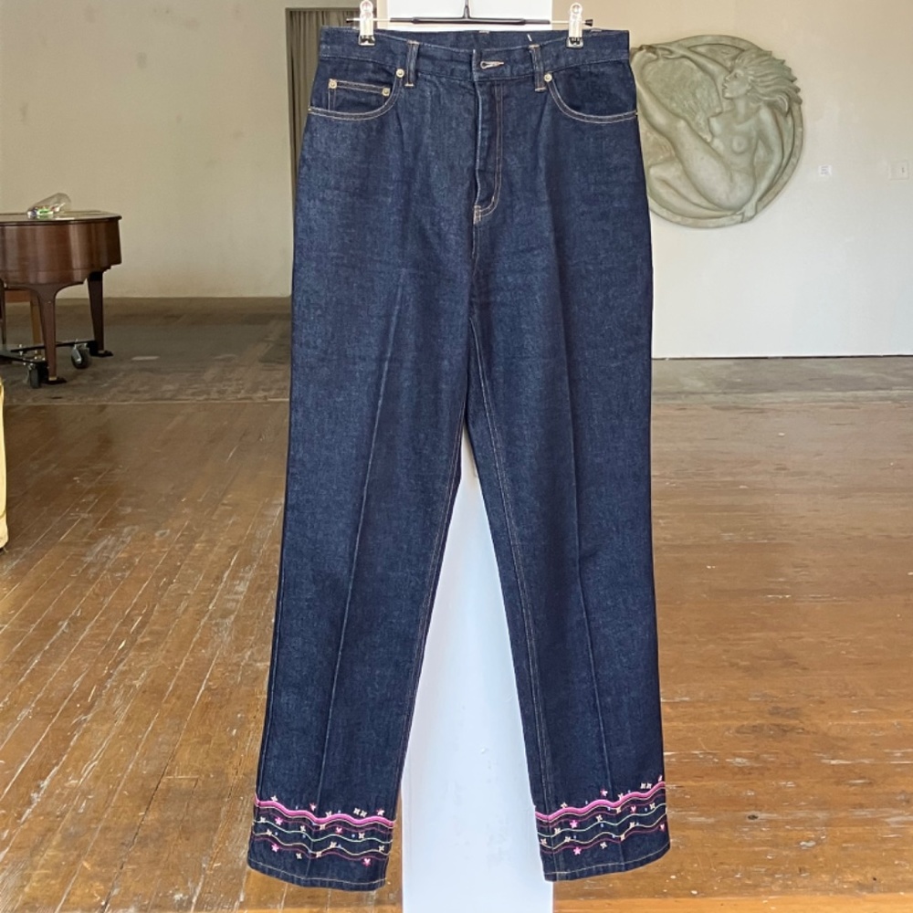 Women Straight Leg Jeans with Pink Embroidered Hem - Picture 9 of 10